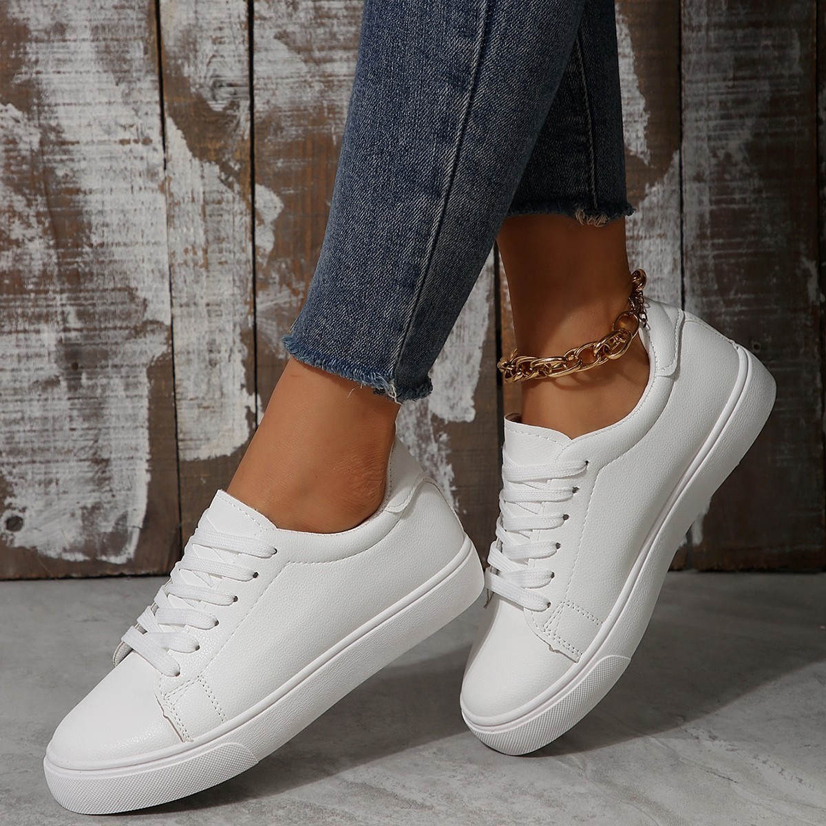 Casual Versatile White Flat Shoes Laced Korean-style Low-top Sneakers 2 Casual Versatile White Flat Shoes Laced Korean-style Low-top Sneakers - Image 2