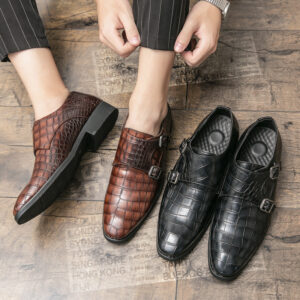 Men's Leather Shoes With Square Toe and Embossed Pattern