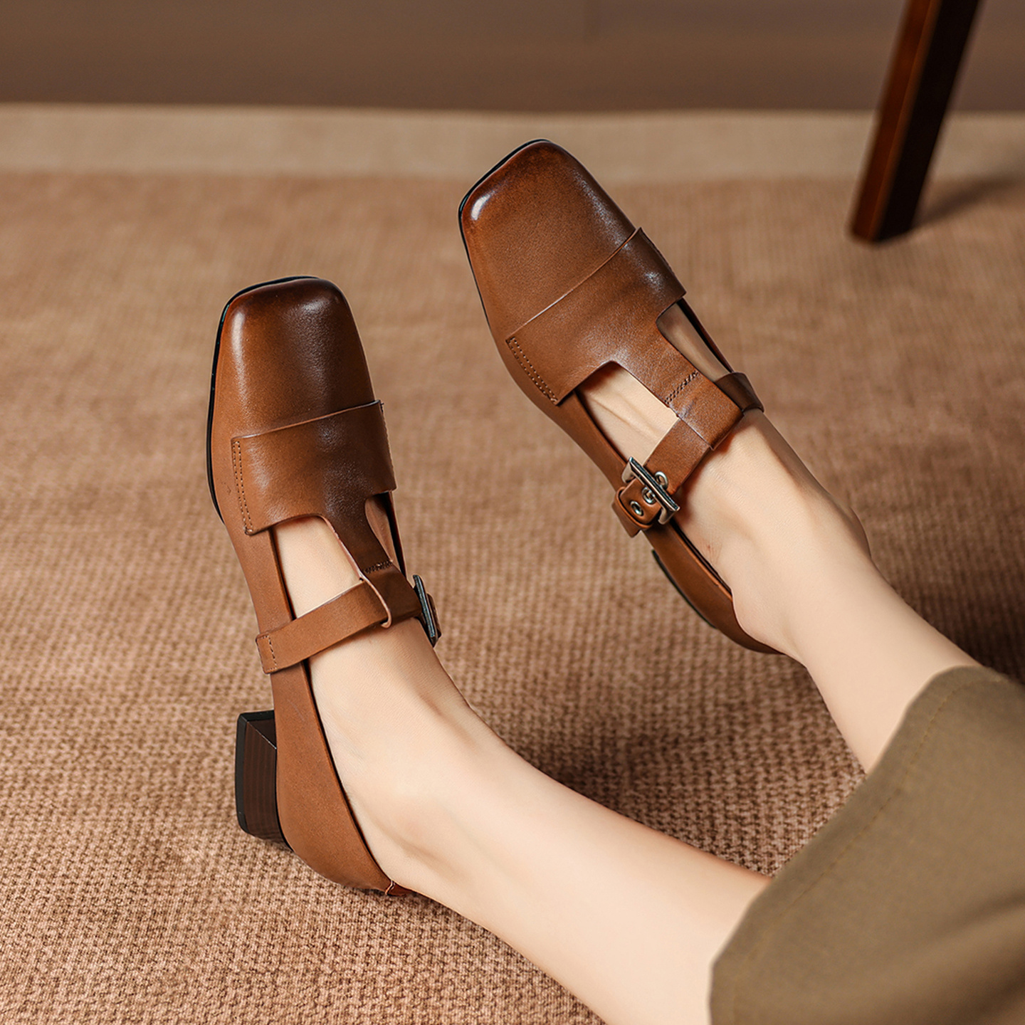 Leather Mary Jane Shoes T-Strap Buckle Low Block Heel Pumps 9 Leather Mary Jane Shoes T-Strap Buckle Low Block Heel Pumps - Image 9