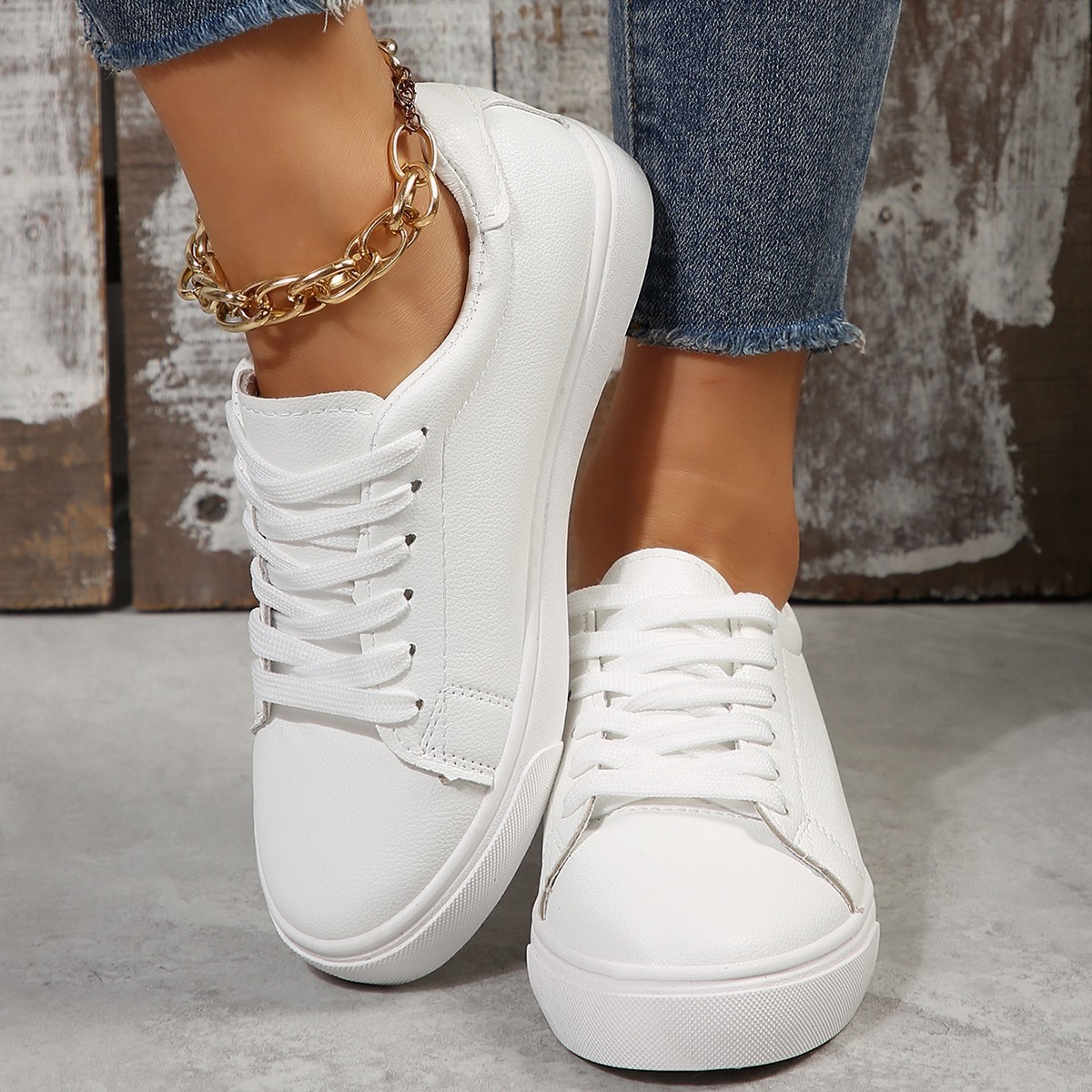 Casual Versatile White Flat Shoes Laced Korean-style Low-top Sneakers 4 Casual Versatile White Flat Shoes Laced Korean-style Low-top Sneakers - Image 4