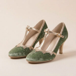 Retro Velvet Heels With Double Color Petal Decoration