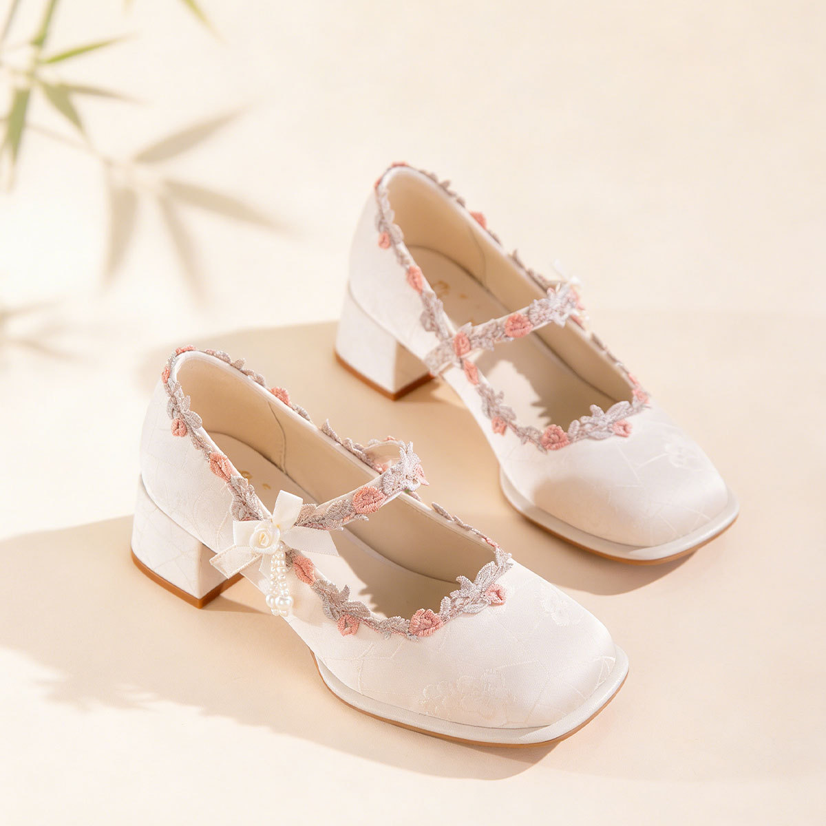 Satin Mary Jane Shoes With Embroidered Lace And Pearls 3 Satin Mary Jane Shoes With Embroidered Lace And Pearls - Image 3