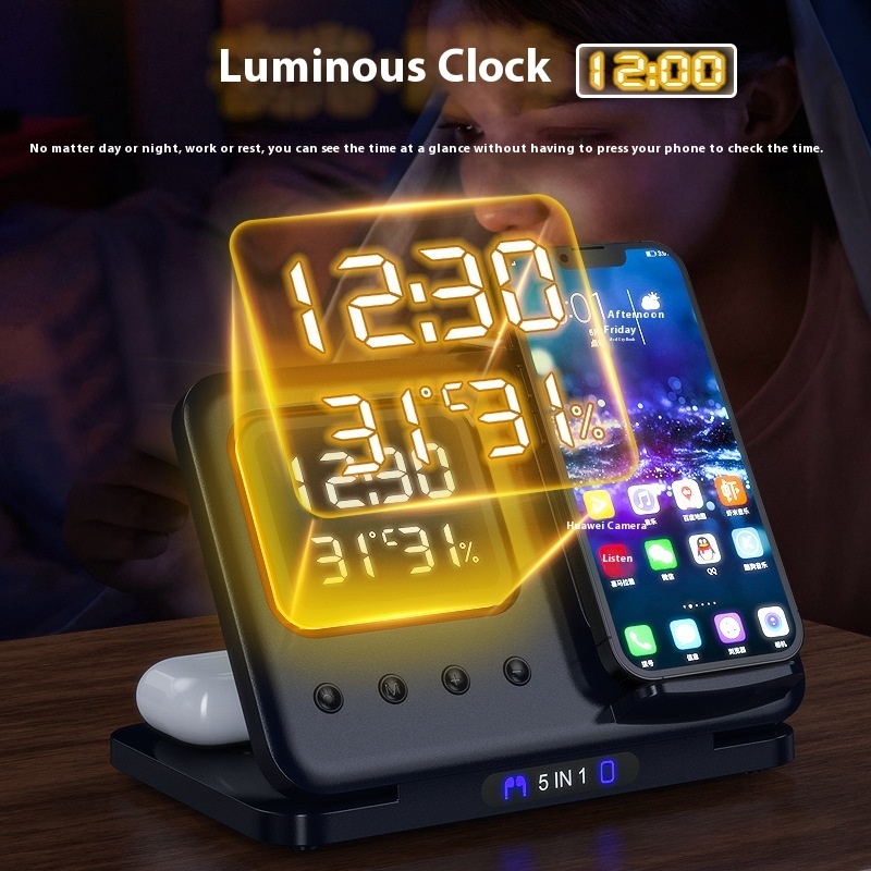 15W Wireless Chargers Stand 5 In1 LED Digital Alarm Clock Dock Station 2 15W Wireless Chargers Stand 5 In1 LED Digital Alarm Clock Dock Station - Image 2