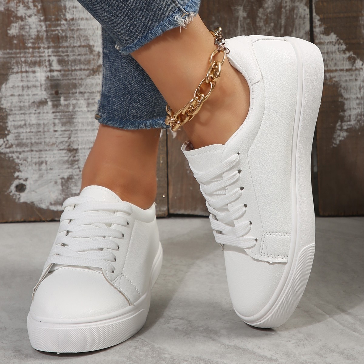 Casual Versatile White Flat Shoes Laced Korean-style Low-top Sneakers 1 Casual Versatile White Flat Shoes Laced Korean-style Low-top Sneakers