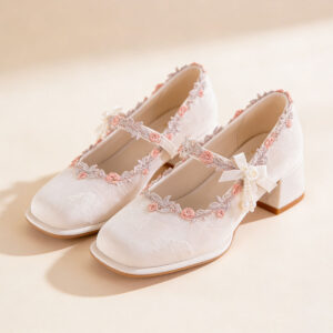 Satin Mary Jane Shoes With Embroidered Lace And Pearls