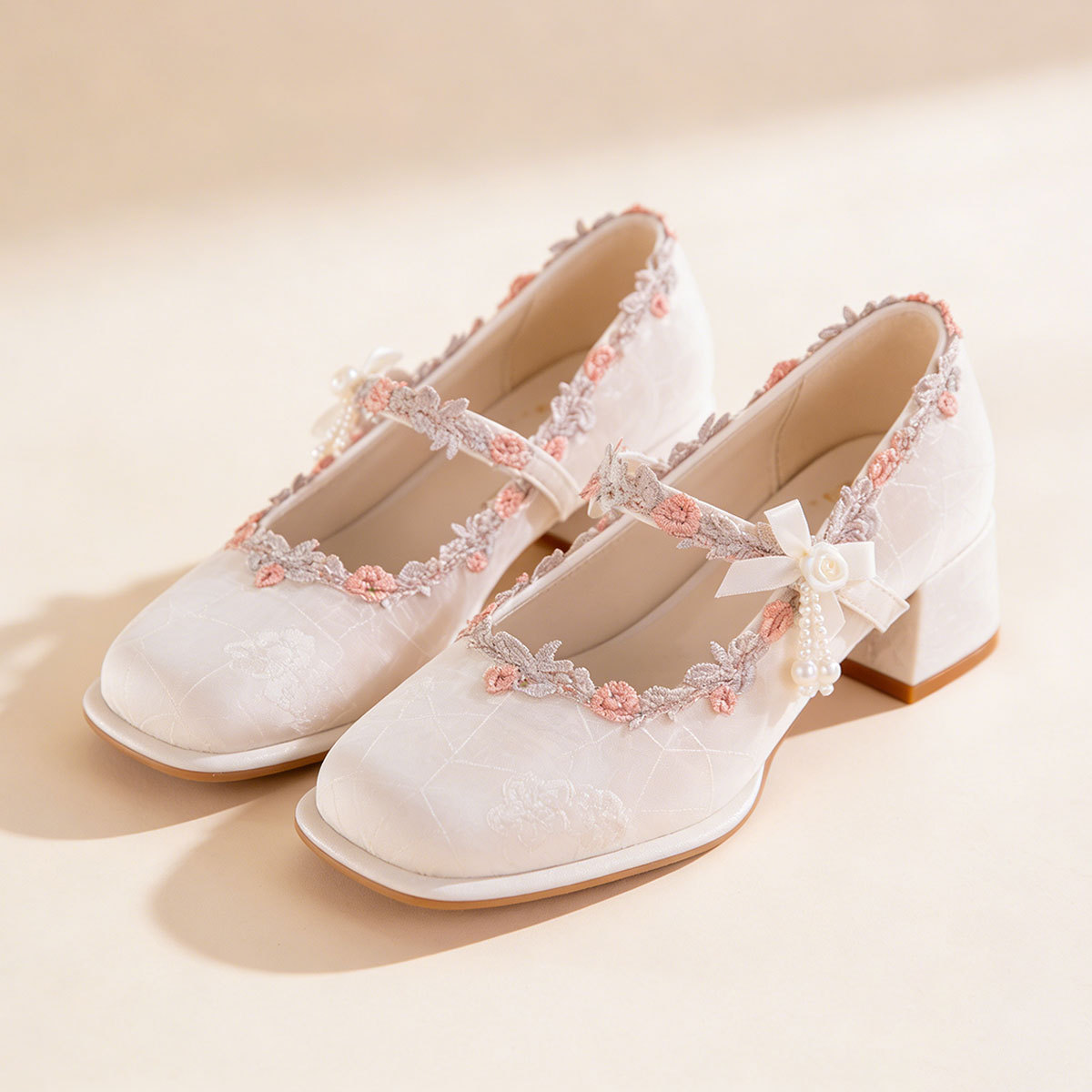 Satin Mary Jane Shoes With Embroidered Lace And Pearls 1 Satin Mary Jane Shoes With Embroidered Lace And Pearls