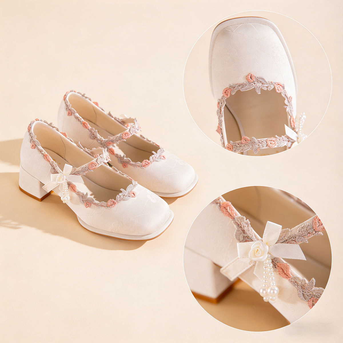 Satin Mary Jane Shoes With Embroidered Lace And Pearls 10 Satin Mary Jane Shoes With Embroidered Lace And Pearls - Image 10
