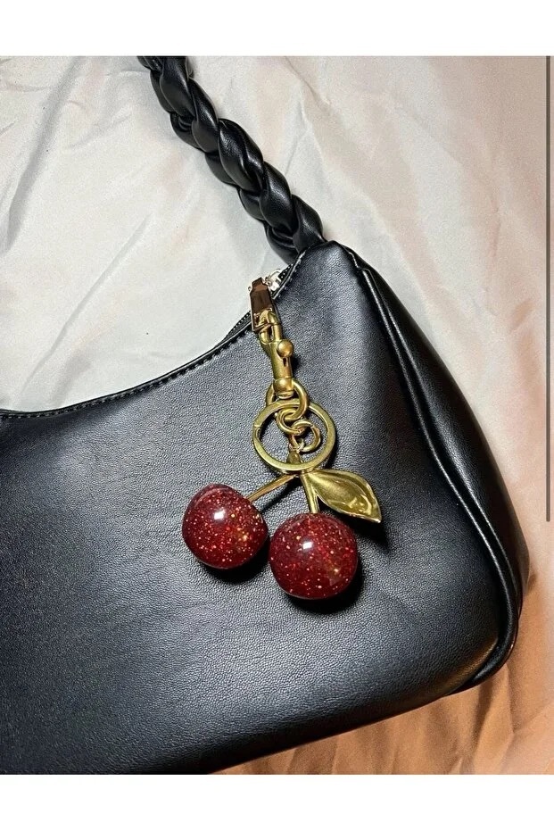 Glitter Cherry Red Bag Charm With Gold Detail Keychain Accessory 2 Glitter Cherry Red Bag Charm With Gold Detail Keychain Accessory - Image 2