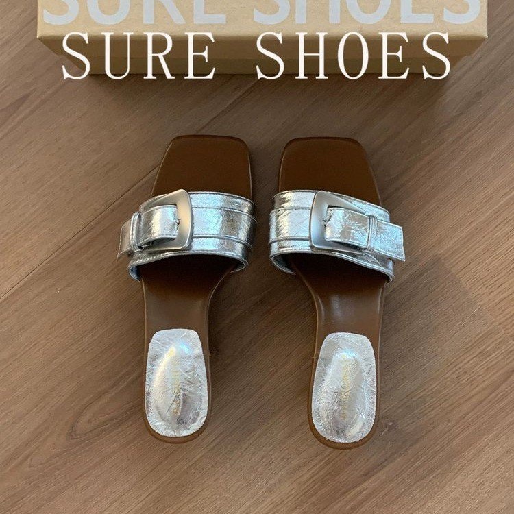 4cm Heel Open Toe One Strap Slide Sandals 1 4cm Heel Open Toe One Strap Slide Sandals