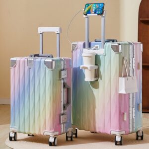 Hard Shell Luggage, No Zipper Aluminum Frame, With Cup Holder USB Interface, Durable Password Box