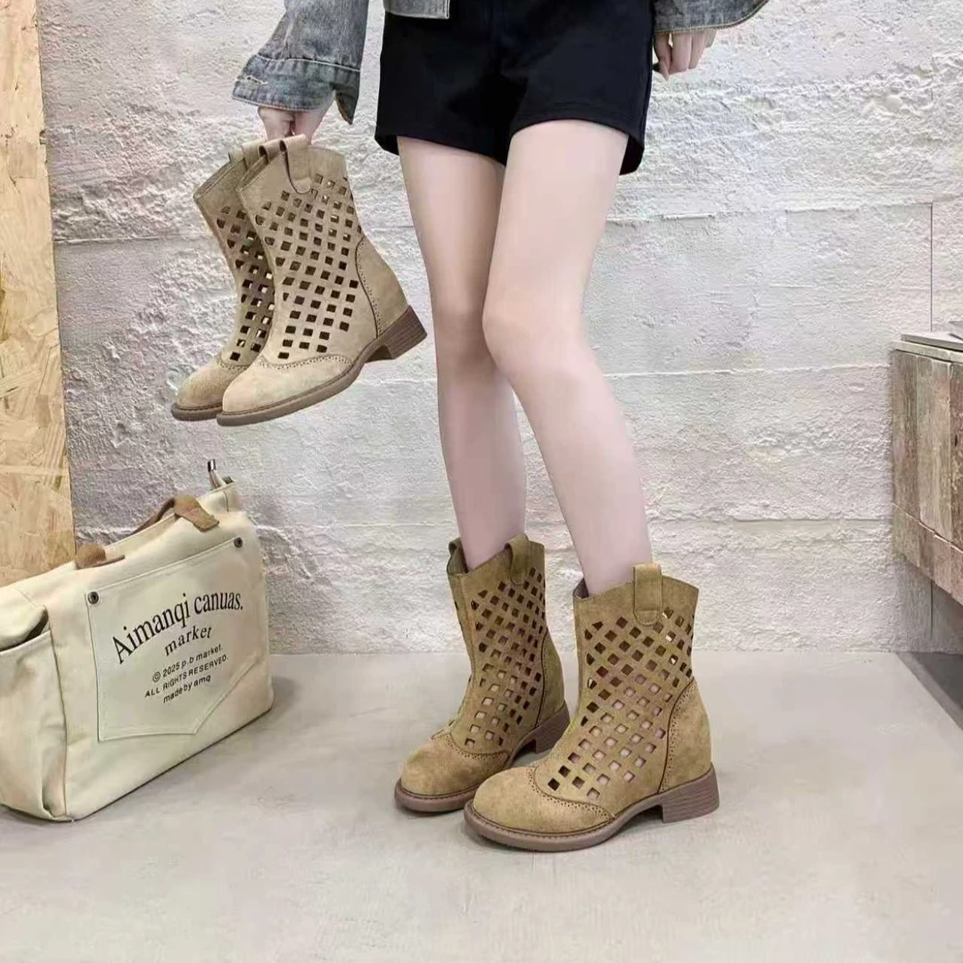 7cm Hollowed-Out Mesh Sandals Mid-Calf Short Boots 4 7cm Hollowed-Out Mesh Sandals Mid-Calf Short Boots - Image 4