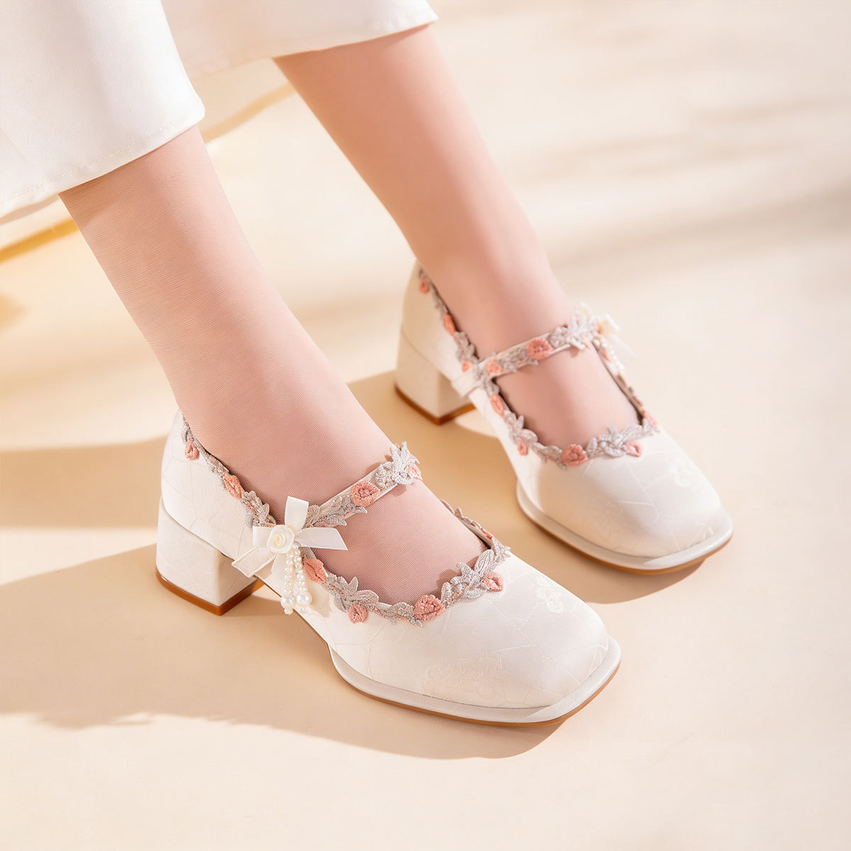 Satin Mary Jane Shoes With Embroidered Lace And Pearls 7 Satin Mary Jane Shoes With Embroidered Lace And Pearls - Image 7