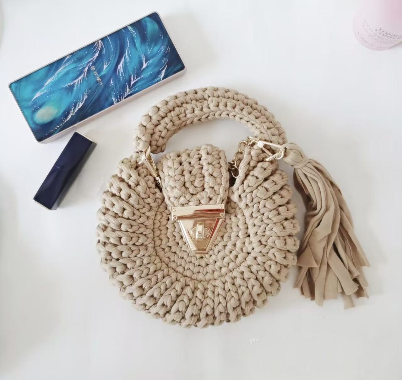 Bohemian Women's Solid-Colored Fabric-Strap Crochet Bag 7 Bohemian Women's Solid-Colored Fabric-Strap Crochet Bag - Image 7