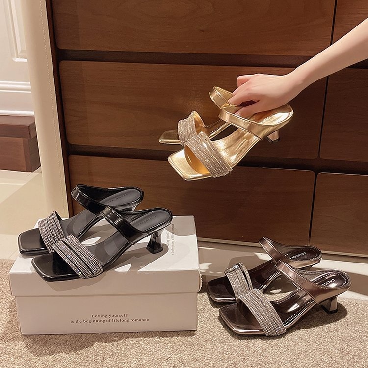 Rhinestone High Heel Sandals One-Strap Block Heel Sandals 6 Rhinestone High Heel Sandals One-Strap Block Heel Sandals - Image 6