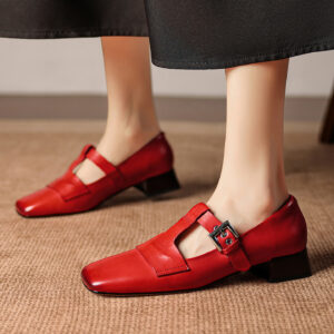 Leather Mary Jane Shoes, Square Toe T-Strap Pumps