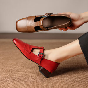 Leather Mary Jane Shoes T-Strap Buckle Low Block Heel Pumps