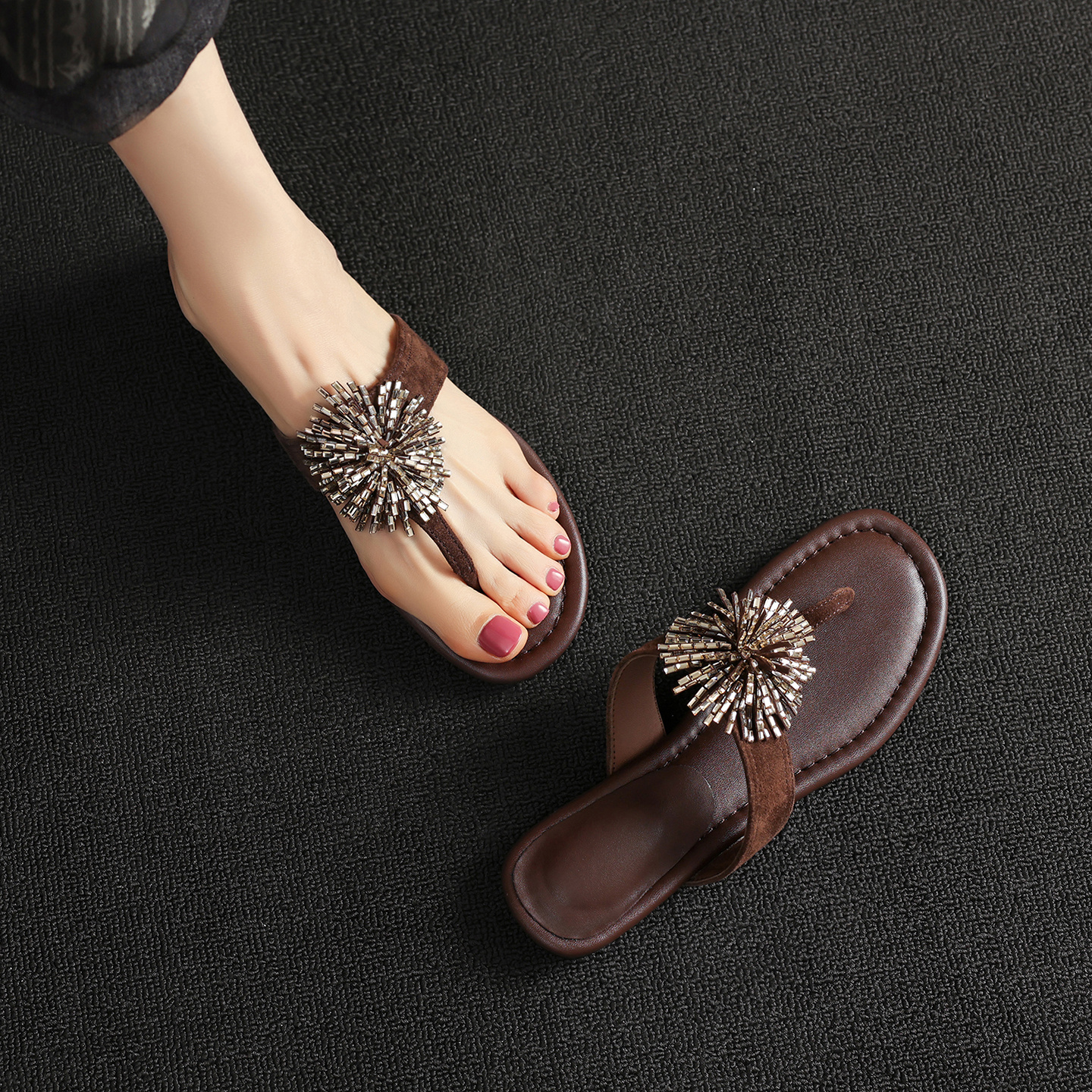 Lambskin Flip-Flop Sandals, Crystal Embellished Suede Slides 8 Lambskin Flip-Flop Sandals, Crystal Embellished Suede Slides - Image 8