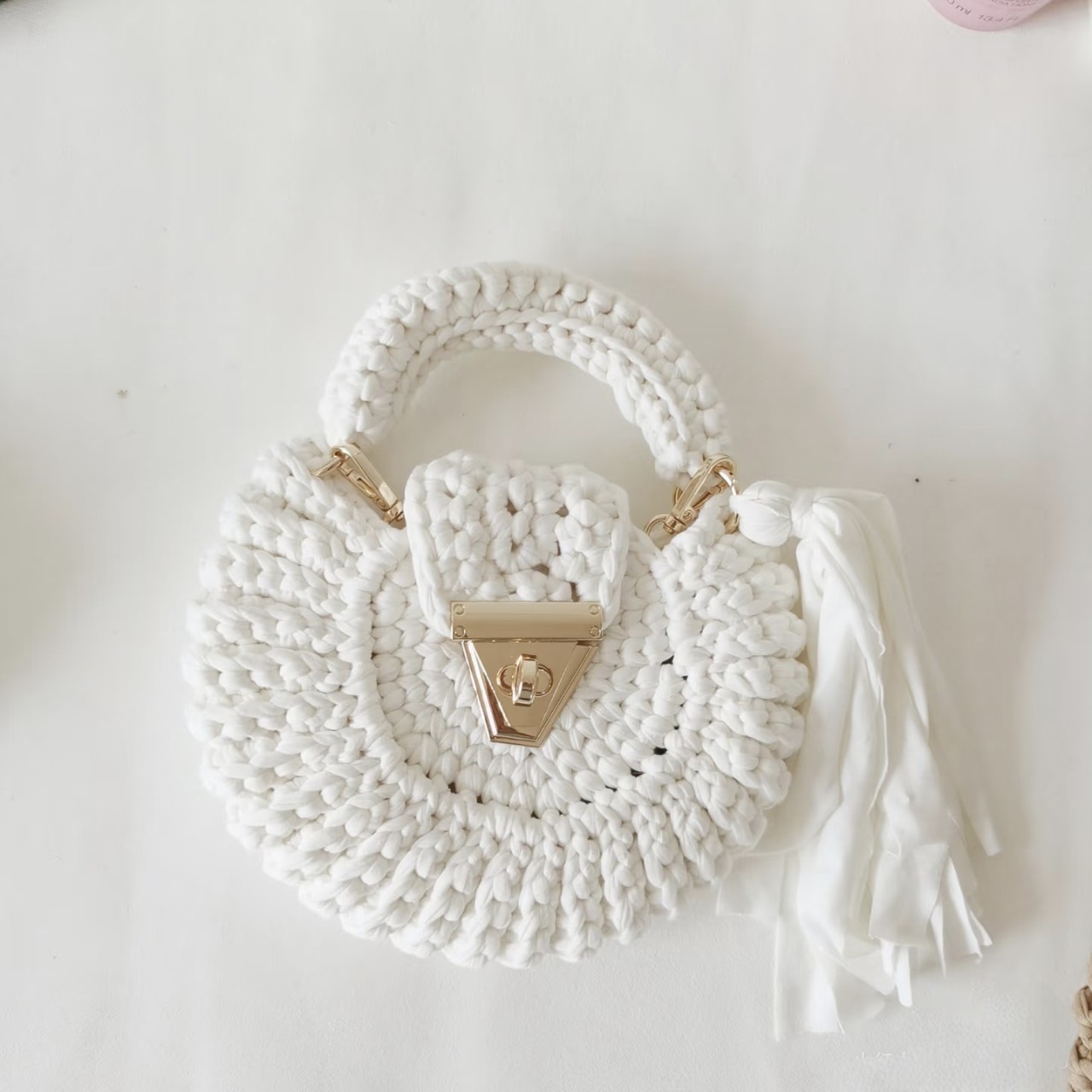 Bohemian Women's Solid-Colored Fabric-Strap Crochet Bag 1 Bohemian Women's Solid-Colored Fabric-Strap Crochet Bag