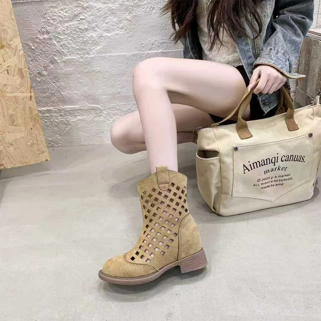 7cm Hollowed-Out Mesh Sandals Mid-Calf Short Boots 3 7cm Hollowed-Out Mesh Sandals Mid-Calf Short Boots - Image 3