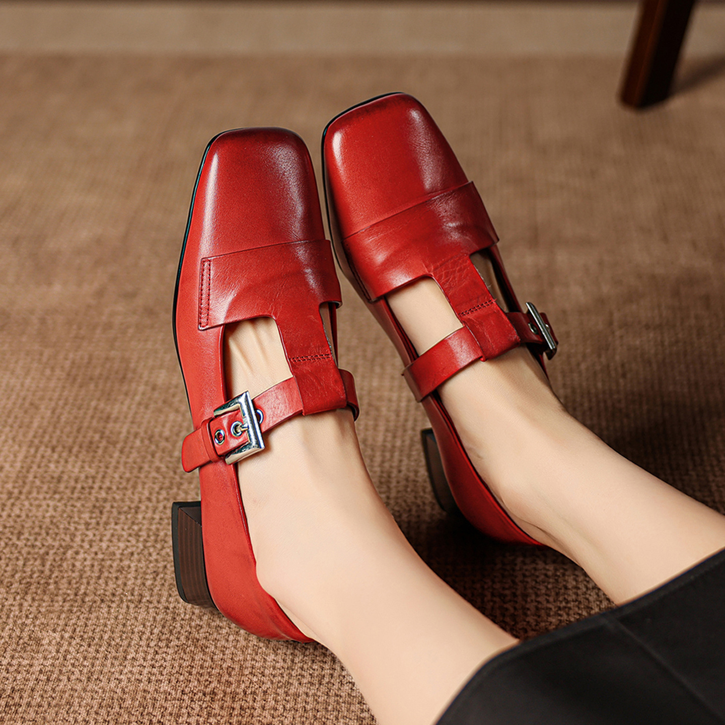 Leather Mary Jane Shoes T-Strap Buckle Low Block Heel Pumps 2 Leather Mary Jane Shoes T-Strap Buckle Low Block Heel Pumps - Image 2