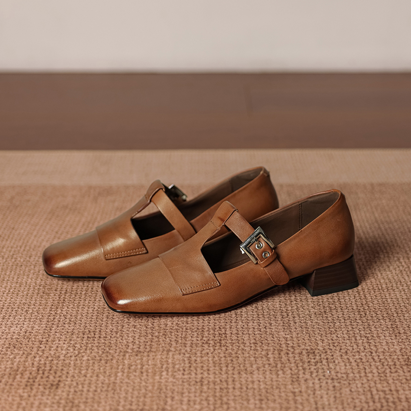 Leather Mary Jane Shoes T-Strap Buckle Low Block Heel Pumps 4 Leather Mary Jane Shoes T-Strap Buckle Low Block Heel Pumps - Image 4