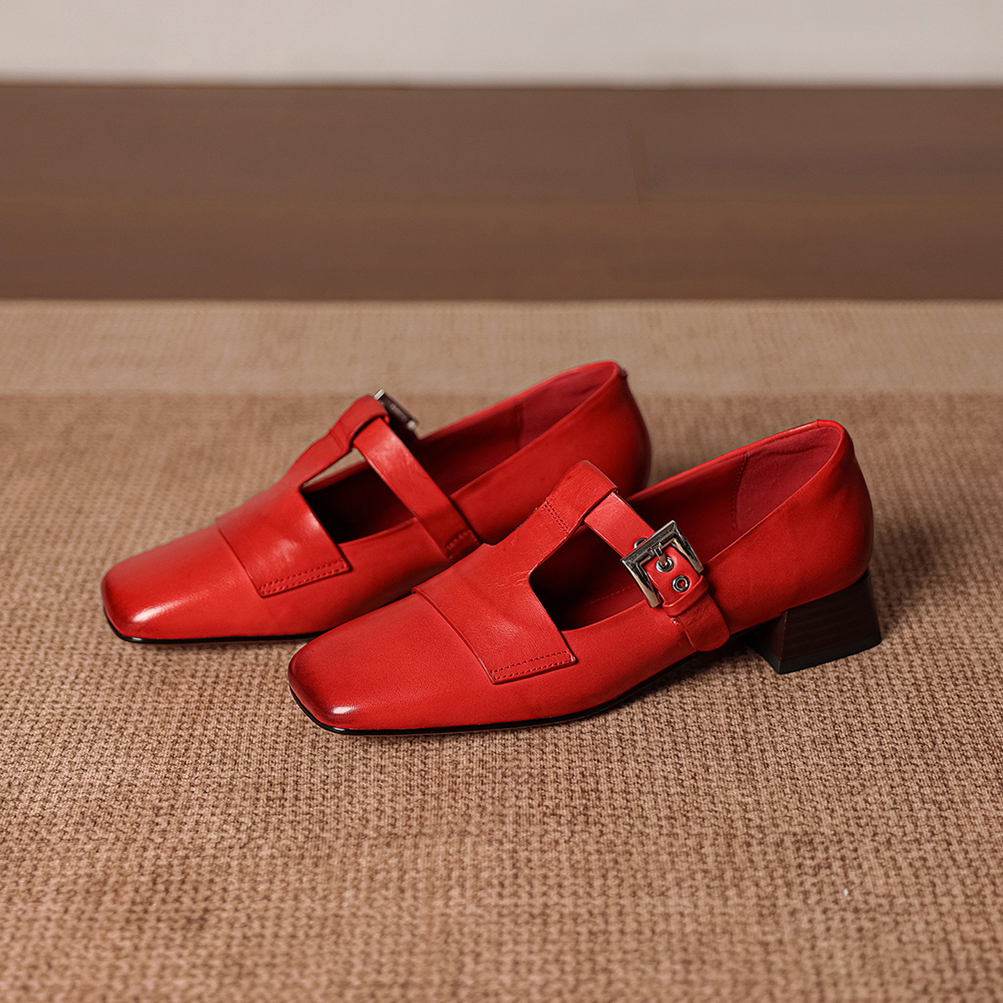 Leather Mary Jane Shoes T-Strap Buckle Low Block Heel Pumps 5 Leather Mary Jane Shoes T-Strap Buckle Low Block Heel Pumps - Image 5