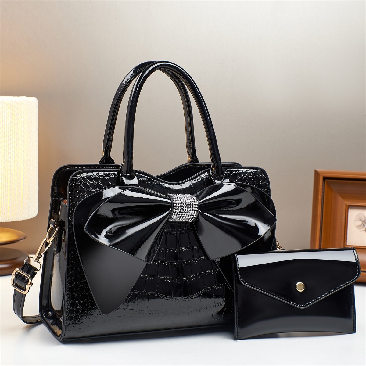 Crocodile-Print Bow Bucket Bag Patent Leather 5 Crocodile-Print Bow Bucket Bag Patent Leather - Image 5