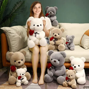 Teddy Bear Hugging Roses Plush Stuffed Soft Animal 23-45cm