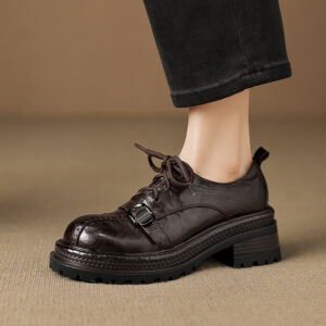 Women's Sheepskin Oxfords, Chunky Heel Lace-Up Buckle Shoes