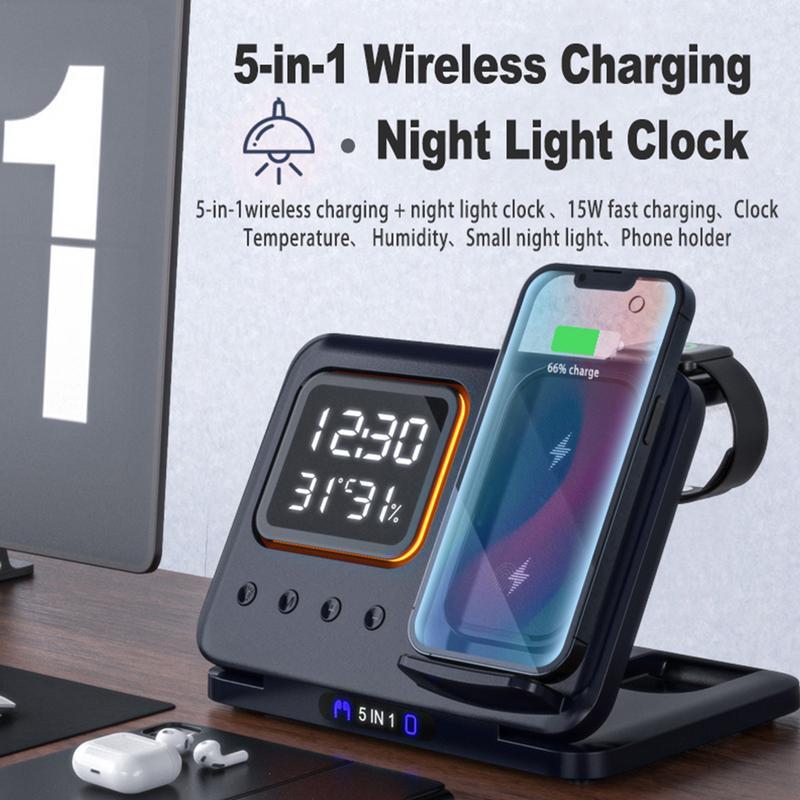 15W Wireless Chargers Stand 5 In1 LED Digital Alarm Clock Dock Station 1 15W Wireless Chargers Stand 5 In1 LED Digital Alarm Clock Dock Station
