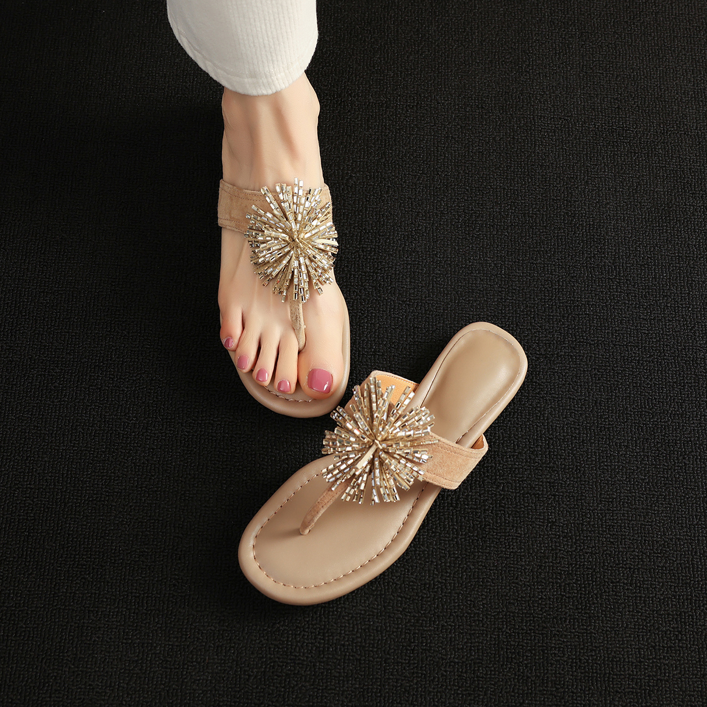 Lambskin Flip-Flop Sandals, Crystal Embellished Suede Slides 7 Lambskin Flip-Flop Sandals, Crystal Embellished Suede Slides - Image 7
