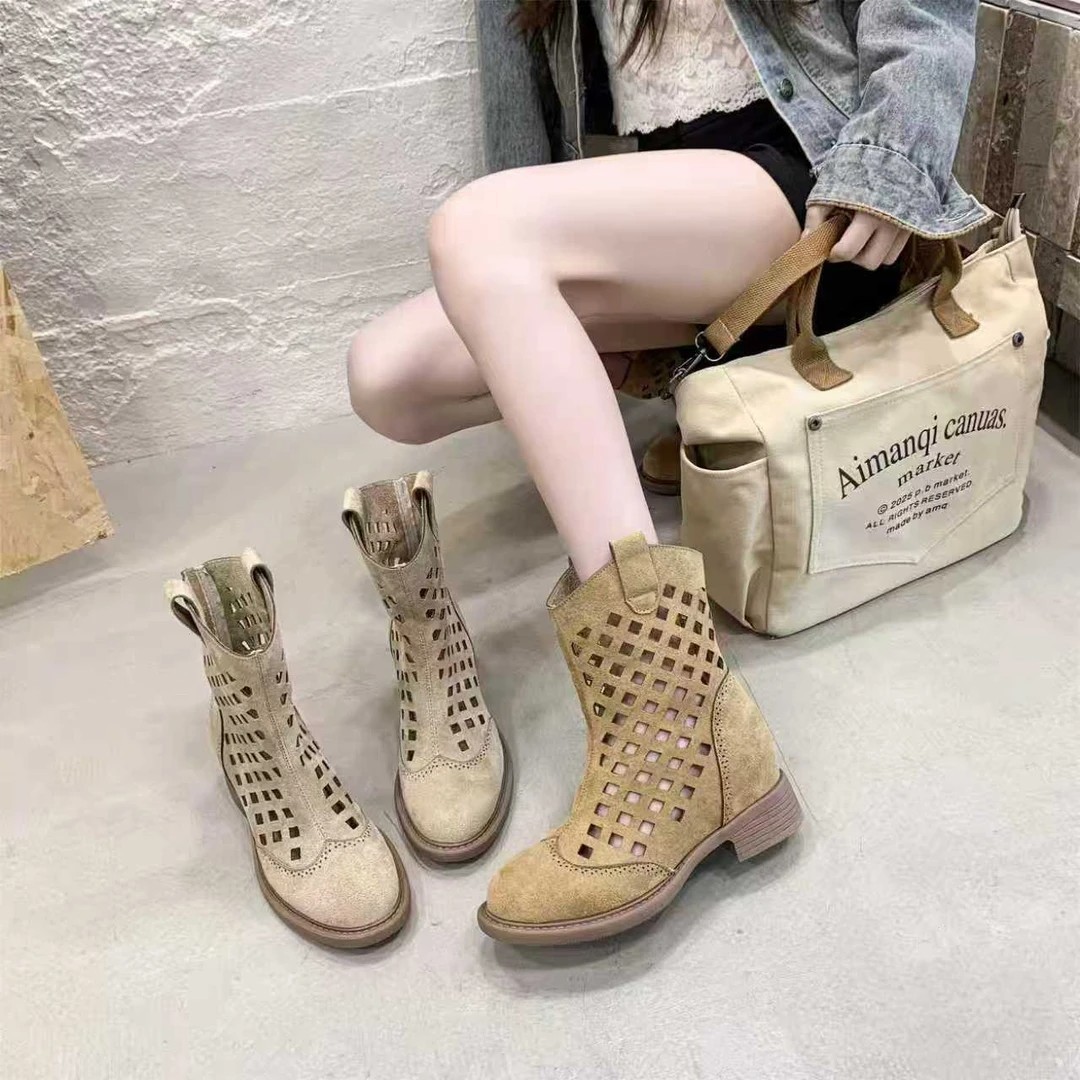 7cm Hollowed-Out Mesh Sandals Mid-Calf Short Boots 2 7cm Hollowed-Out Mesh Sandals Mid-Calf Short Boots - Image 2