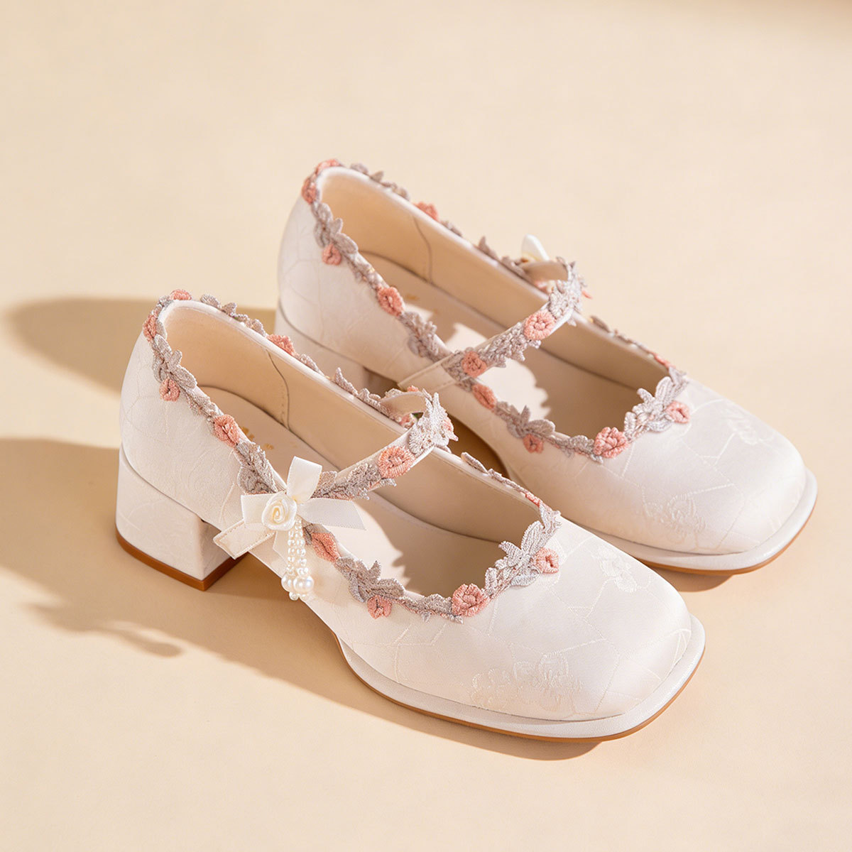 Satin Mary Jane Shoes With Embroidered Lace And Pearls 6 Satin Mary Jane Shoes With Embroidered Lace And Pearls - Image 6