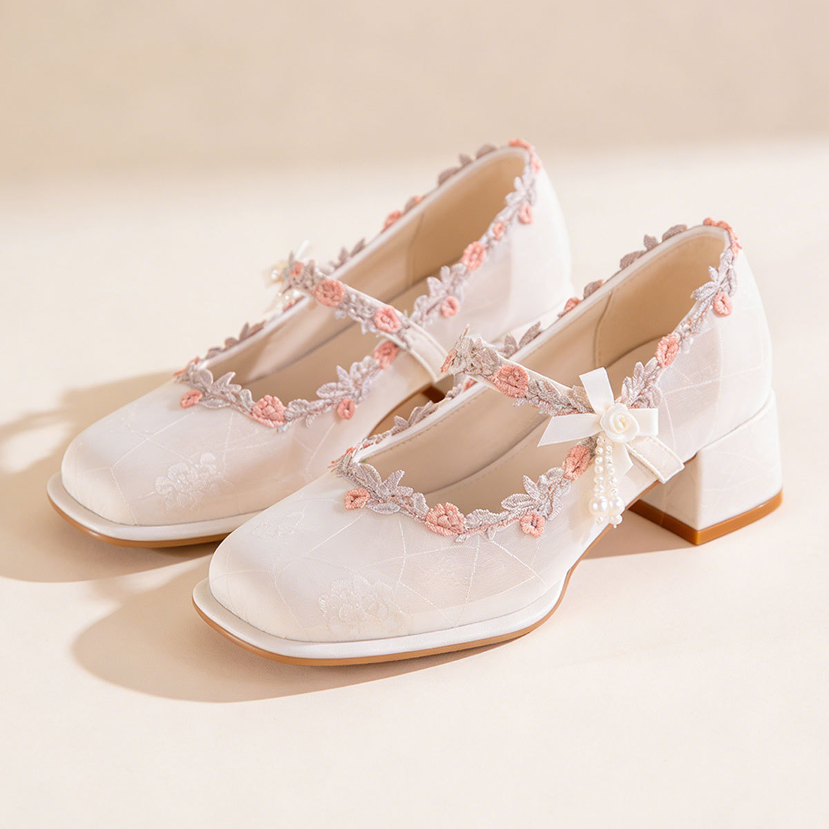 Satin Mary Jane Shoes With Embroidered Lace And Pearls 5 Satin Mary Jane Shoes With Embroidered Lace And Pearls - Image 5