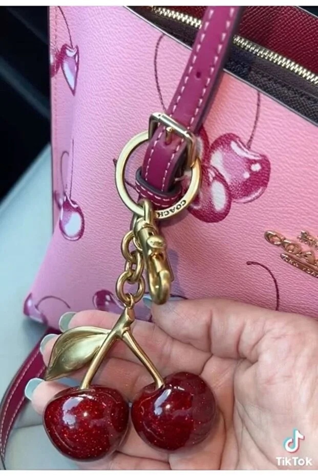 Glitter Cherry Red Bag Charm With Gold Detail Keychain Accessory 1 Glitter Cherry Red Bag Charm With Gold Detail Keychain Accessory