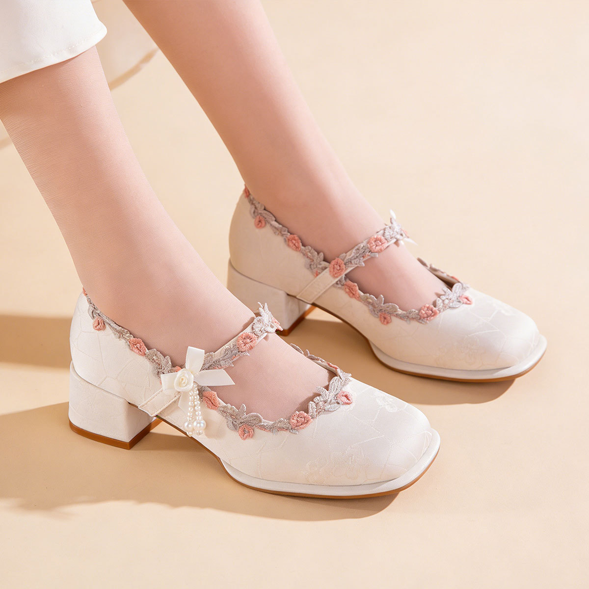 Satin Mary Jane Shoes With Embroidered Lace And Pearls 9 Satin Mary Jane Shoes With Embroidered Lace And Pearls - Image 9