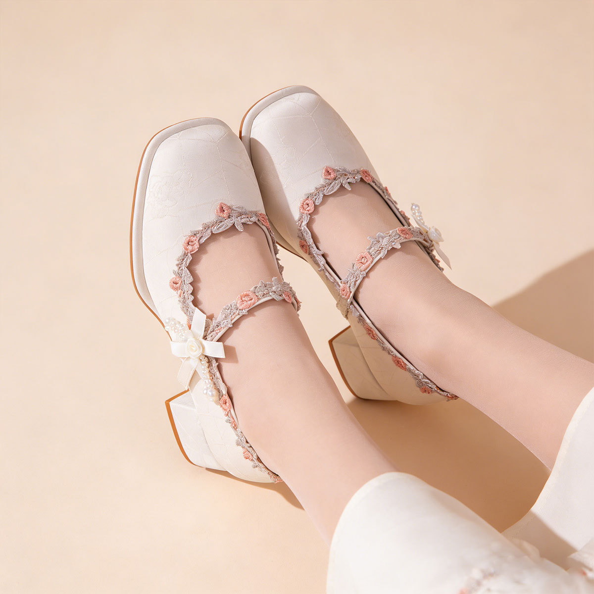 Satin Mary Jane Shoes With Embroidered Lace And Pearls 8 Satin Mary Jane Shoes With Embroidered Lace And Pearls - Image 8