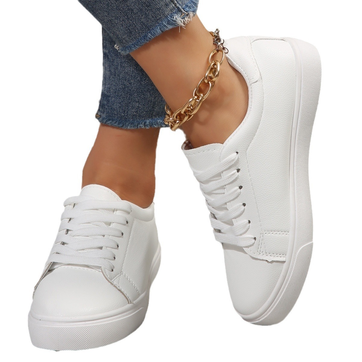 Casual Versatile White Flat Shoes Laced Korean-style Low-top Sneakers 5 Casual Versatile White Flat Shoes Laced Korean-style Low-top Sneakers - Image 5