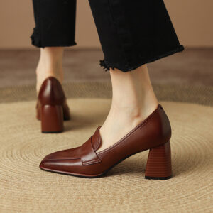 Retro Brown Chunky-Heel Pumps Women Sheepskin