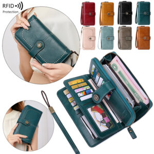 RFID Women's Long Zipper Wallet, Clutch Purse, Multi Card Holder