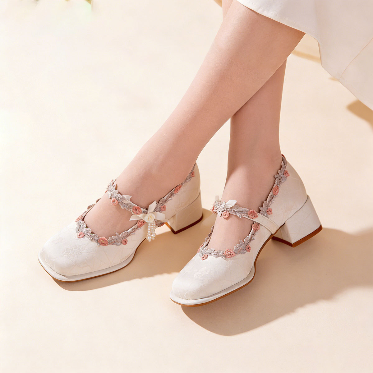 Satin Mary Jane Shoes With Embroidered Lace And Pearls 4 Satin Mary Jane Shoes With Embroidered Lace And Pearls - Image 4