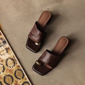 Lambskin Slide Sandals, Metal Decor Square Toe Block Heel Mules