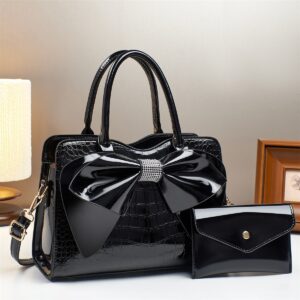 Crocodile-Print Bow Bucket Bag Patent Leather