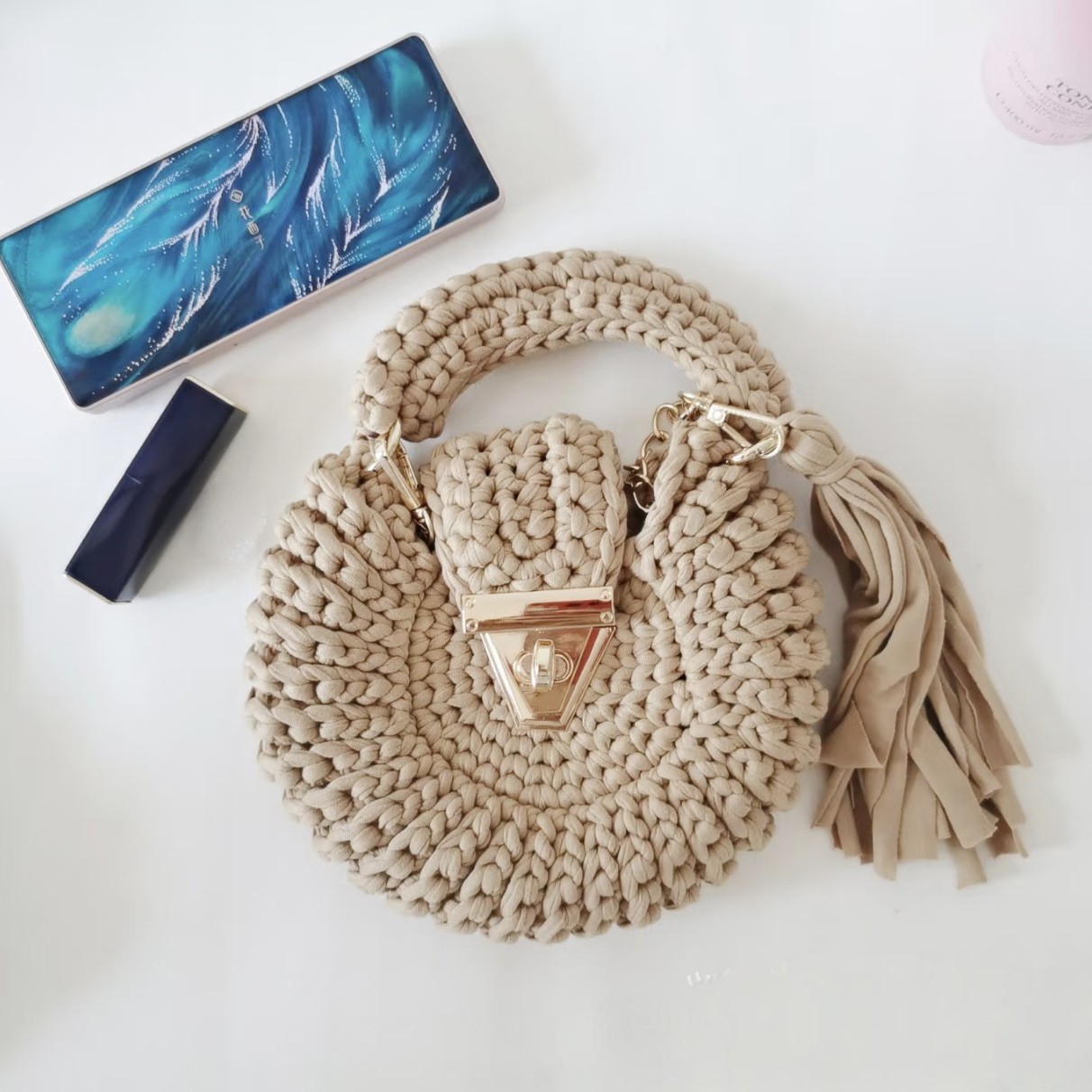 Bohemian Women's Solid-Colored Fabric-Strap Crochet Bag 5 Bohemian Women's Solid-Colored Fabric-Strap Crochet Bag - Image 5