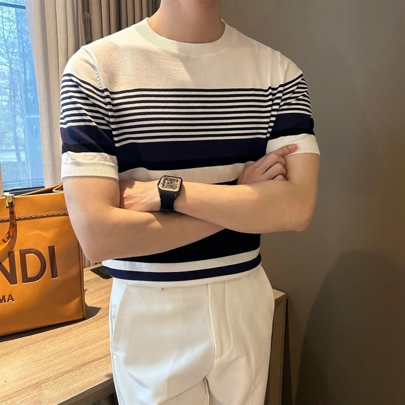 Summer Men's Knitted Crew Neck Striped Top 1 Summer Men's Knitted Crew Neck Striped Top