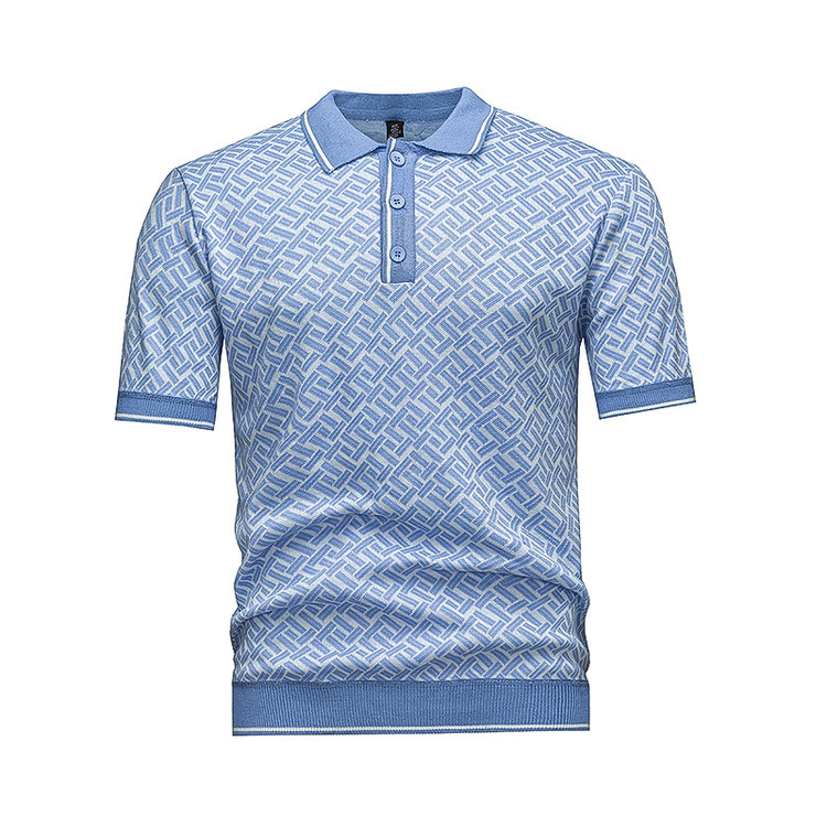 Men's Short Sleeve Knit Polo Shirt, Geometric Interwoven Pattern, Black & Grey - Image 3