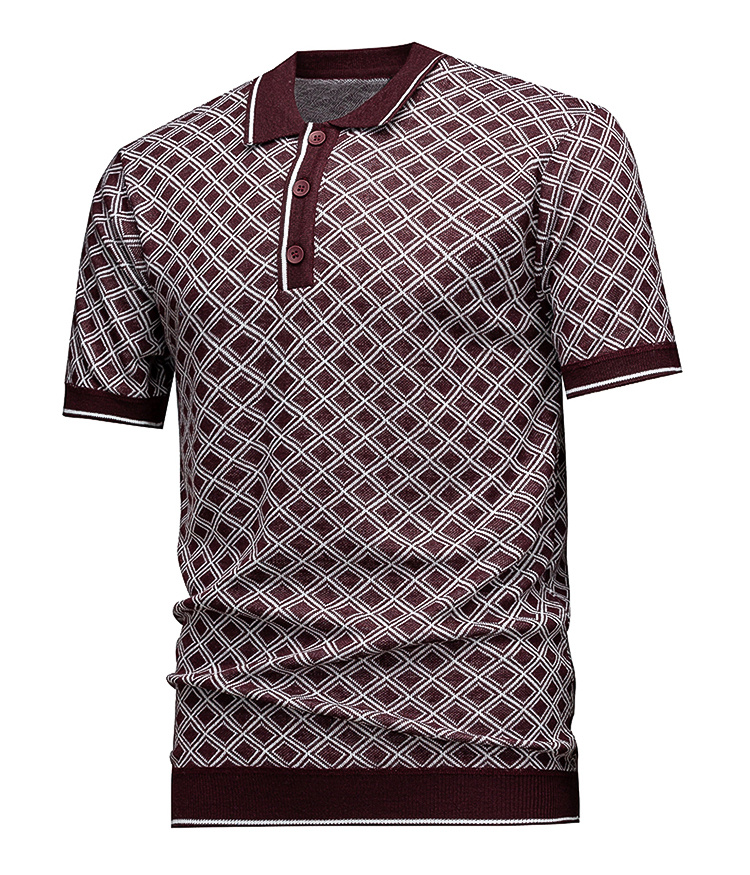 Men's Short Sleeve Knit Polo Shirt, Burgundy Diamond Geometric Jacquard 4 Men's Short Sleeve Knit Polo Shirt, Burgundy Diamond Geometric Jacquard - Image 4