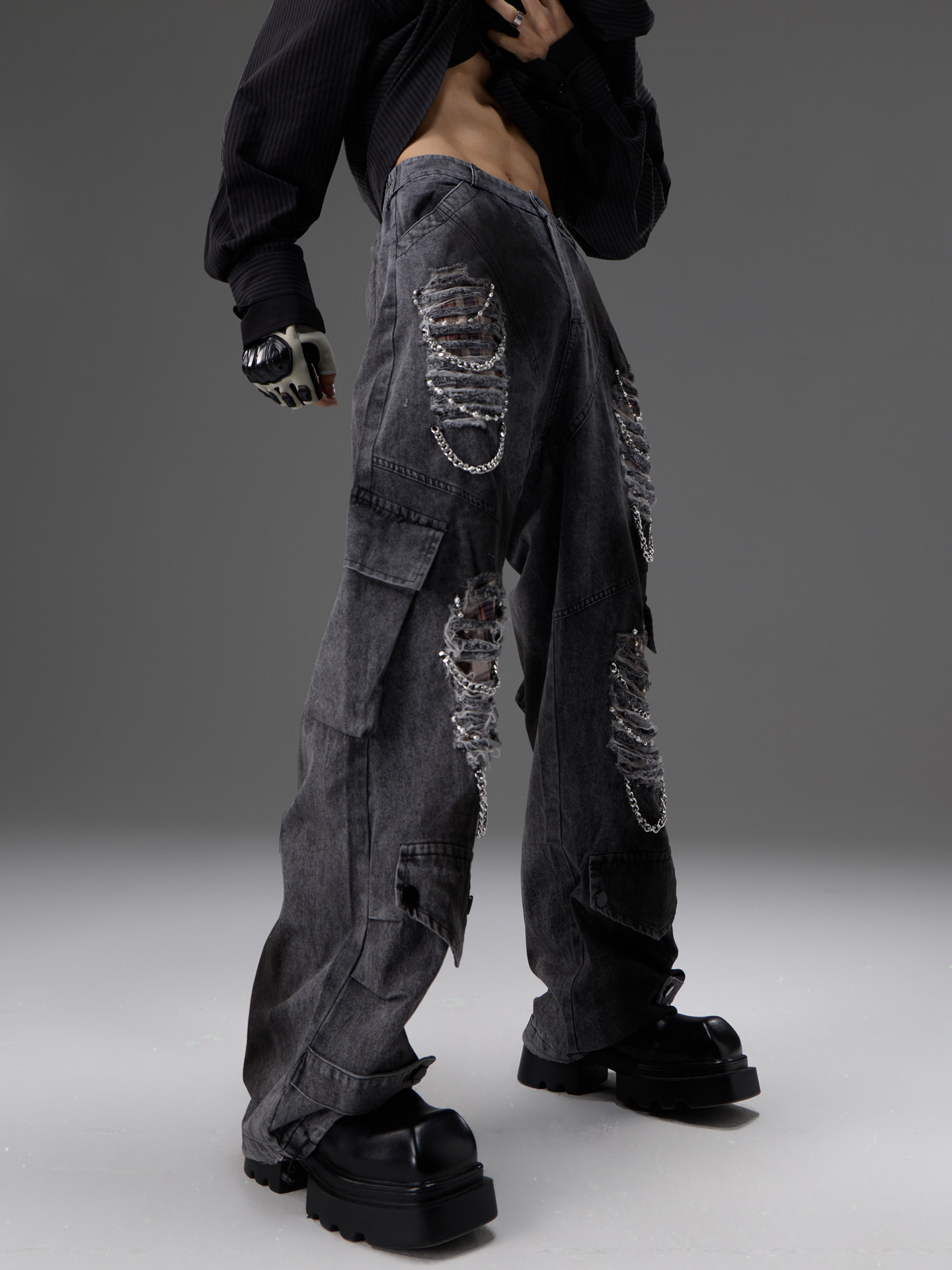 Denim Jeans With Pearl And Metal Hardware Work Pants 2 Denim Jeans With Pearl And Metal Hardware Work Pants - Image 2