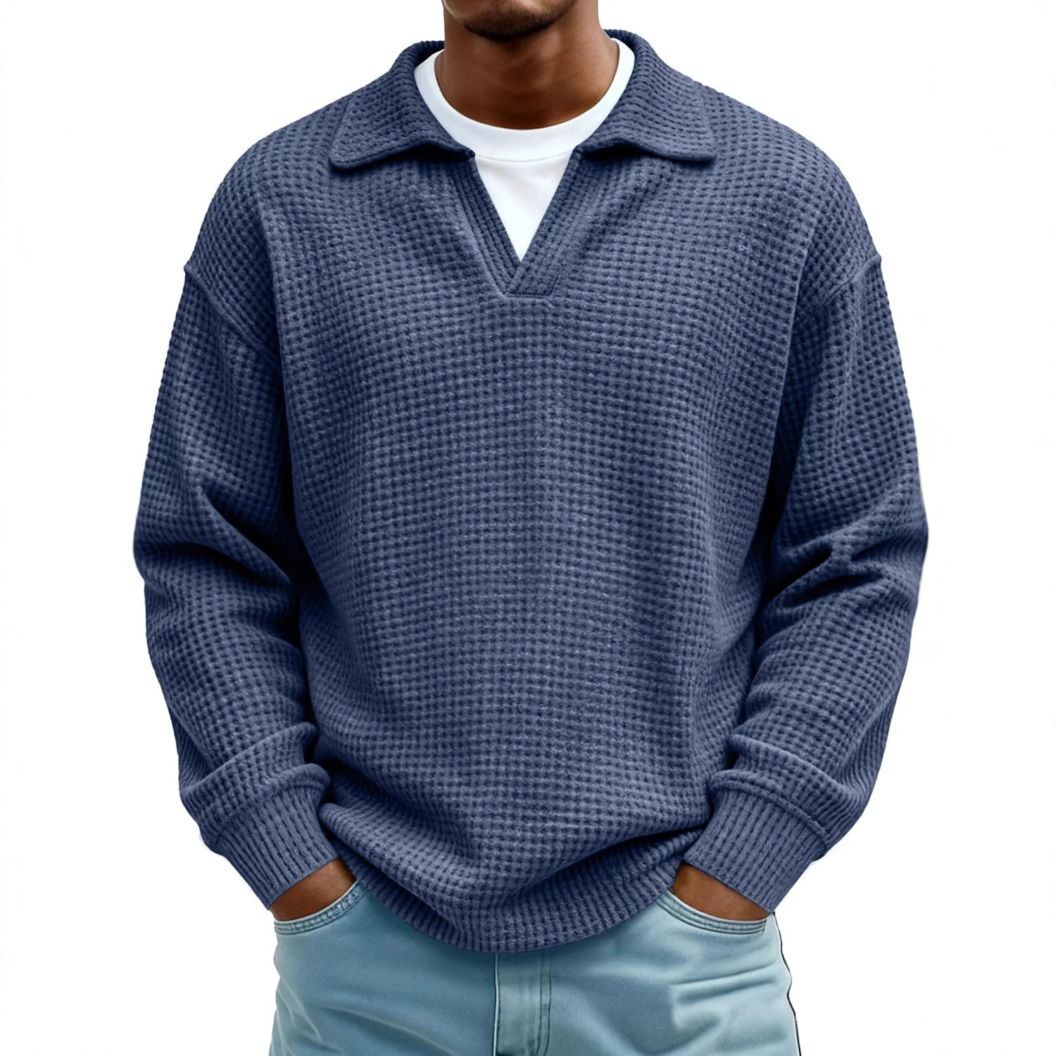 Waffle-Paneled Polo Shirt Mens Lapel Knitwear 6 Waffle-Paneled Polo Shirt Mens Lapel Knitwear - Image 6
