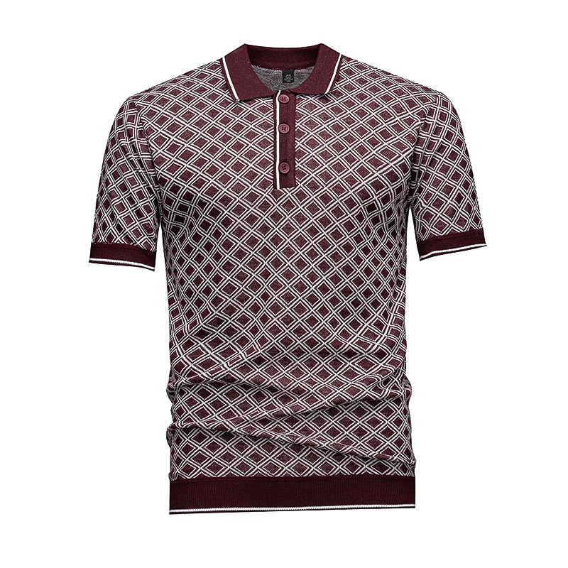 Men's Short Sleeve Knit Polo Shirt, Burgundy Diamond Geometric Jacquard 5 Men's Short Sleeve Knit Polo Shirt, Burgundy Diamond Geometric Jacquard - Image 5